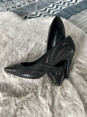 Black Genuine Leather Laser-Cut Pointed Toe High Heels